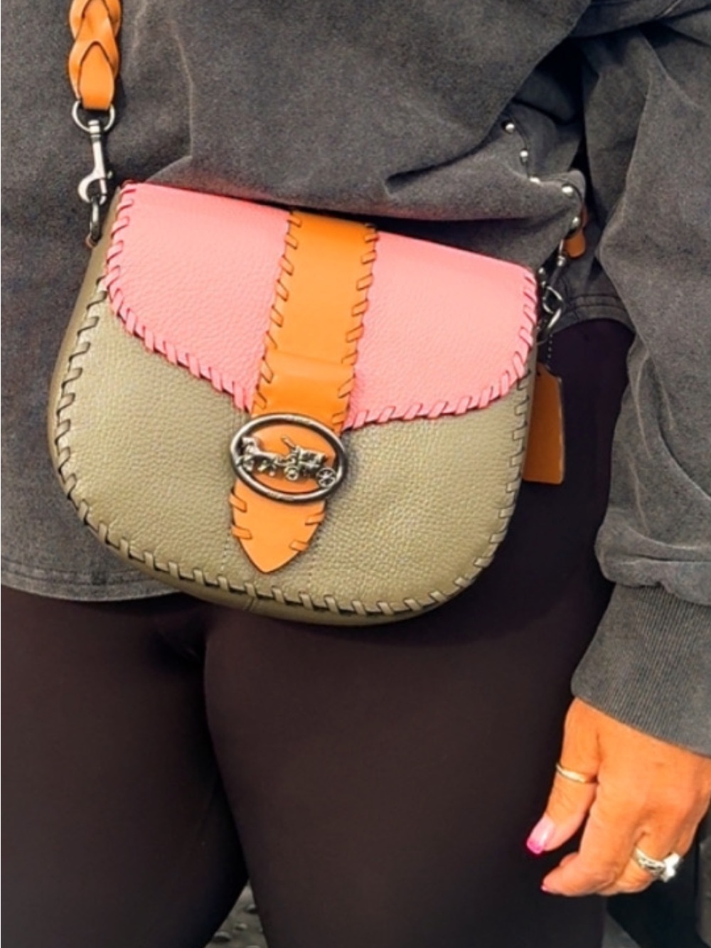 Coach Colorblock Leather Crossbody Bag in Pink, Tan & Olive LIKE NEW - Picture 3 of 9